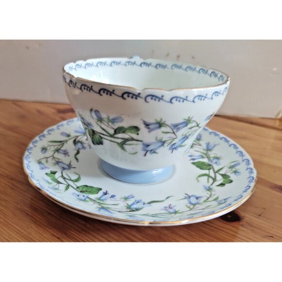 Shelley Harebell Pattern Oleander Blue & Green Henley Shaped Tea Cup and Saucer - Picture 2 of 12